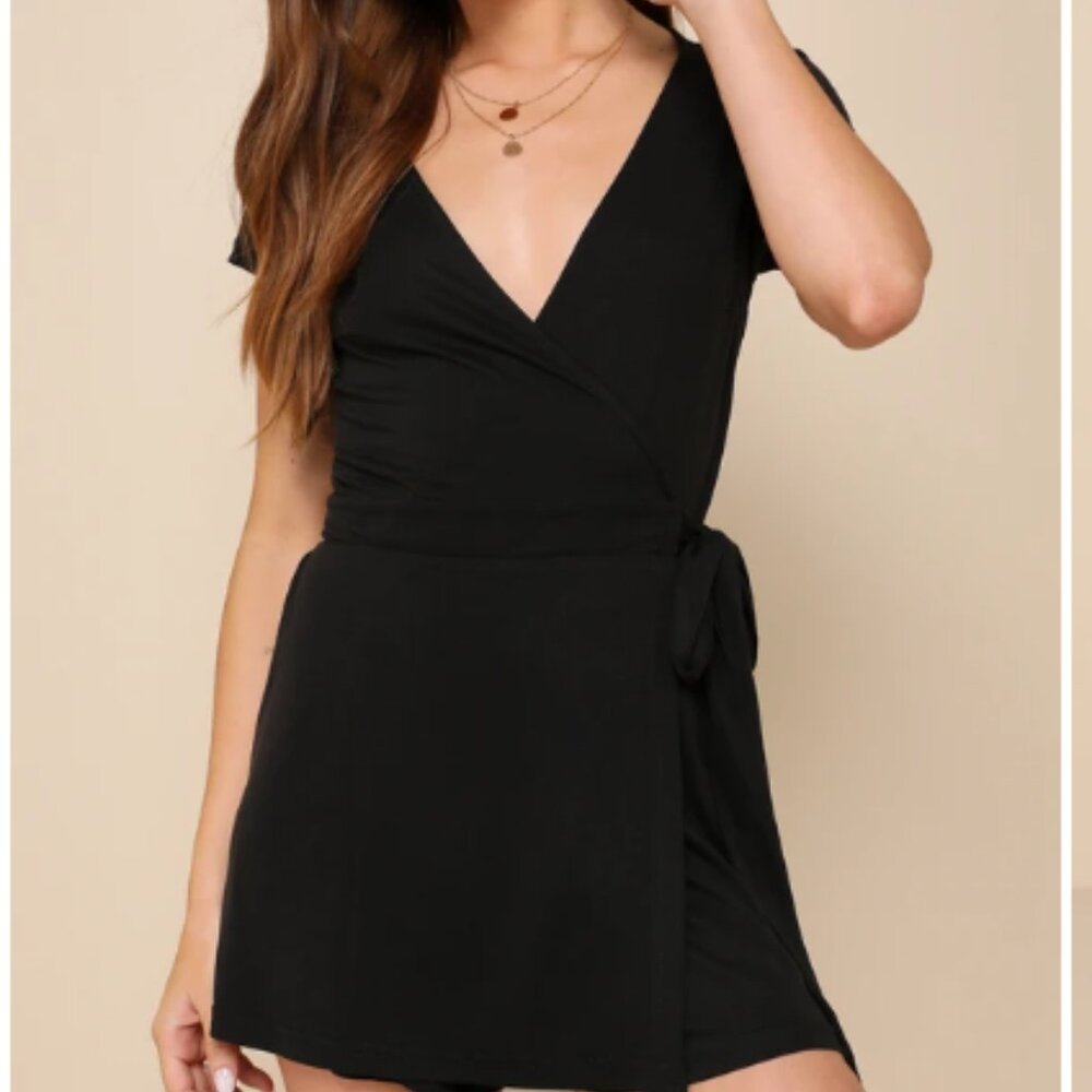Casual Darling Black Faux Wrap Short Sleeve Skort Romper Lulus